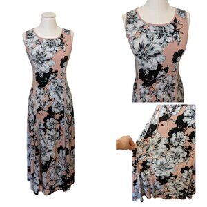 Nina Leonard Pink Black Sleeveless Maxi Dress Floral Cottage Summer Stretch Sz L